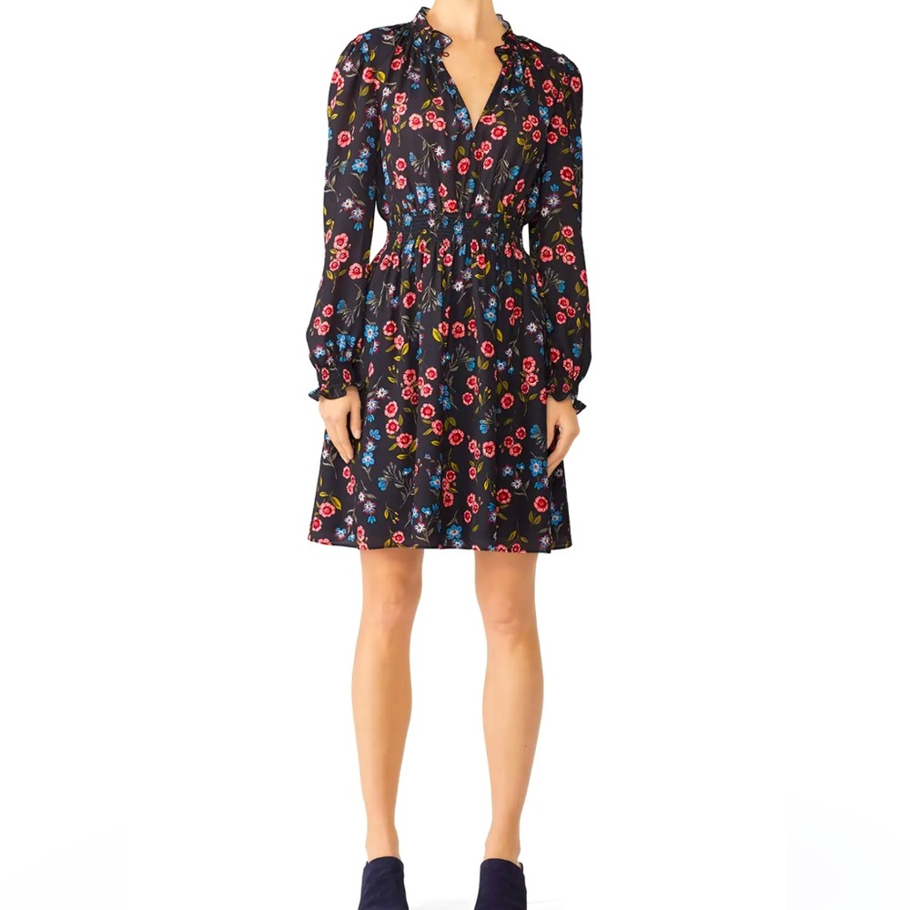 NWT Kate Spade Meadow Smock Waist Dress Size Large Black Floral
